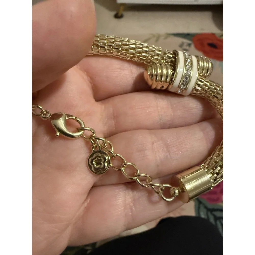 Gold Tone Mesh Knot Bracelet White Enamel Rhinestone Accents Adjustable Signed